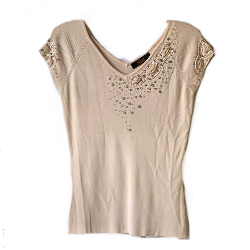 Short Sleeves Beaded Stretchy V-Neck Detailed top